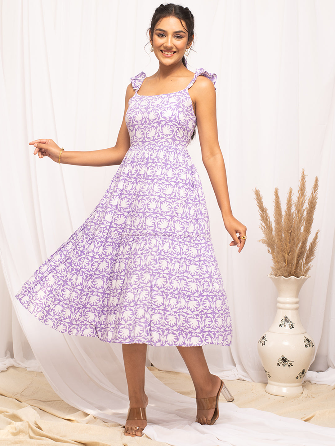 FIORRA Women's Lavender Cotton Floral Printed  Dress